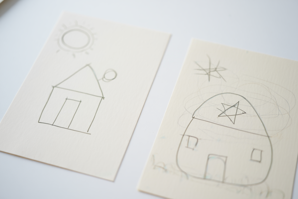 Two drawings side by side - original simple picture and a child's attempt from verbal description