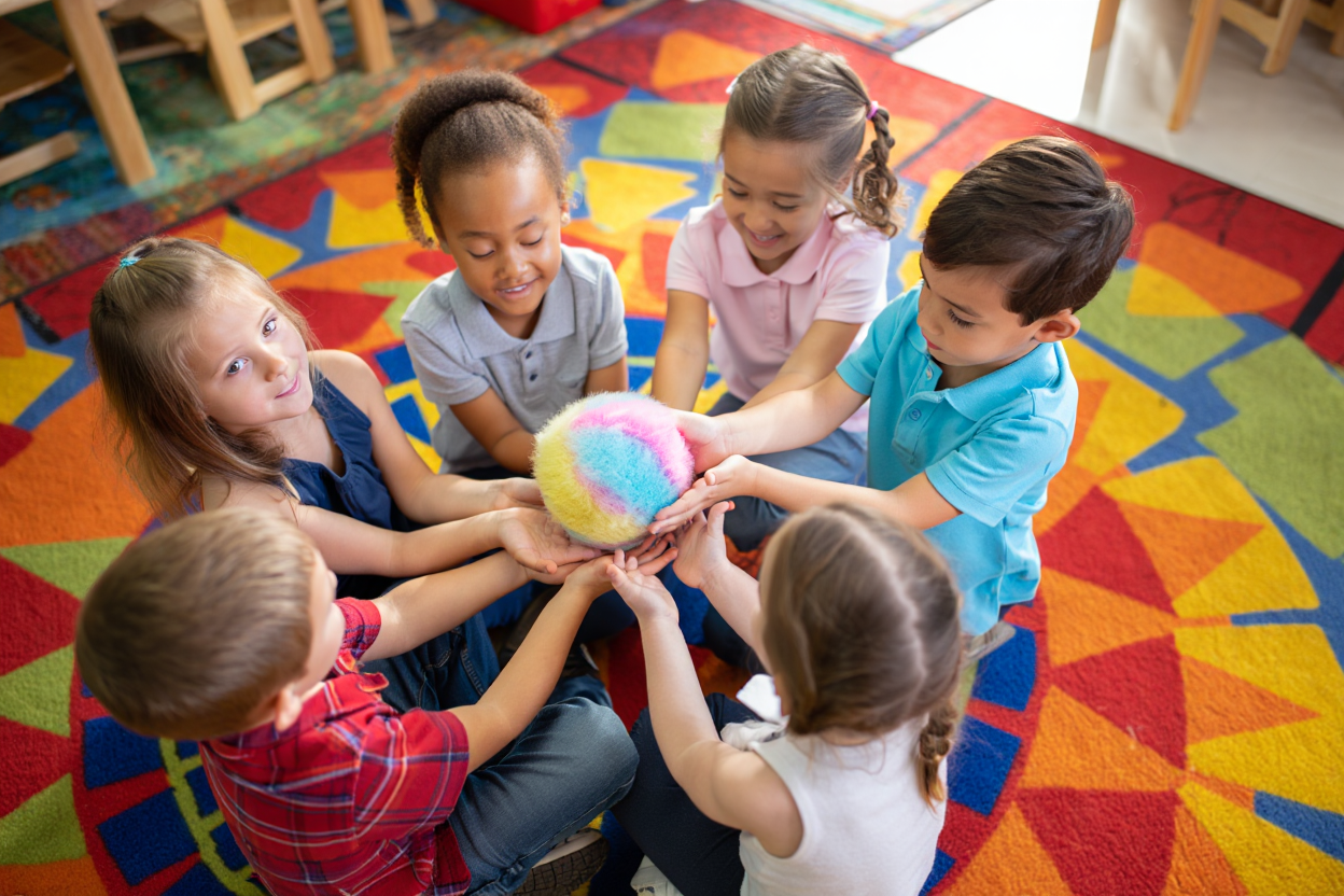 Top-down view of children sitting in a circle passing a ball, compliment game activity
