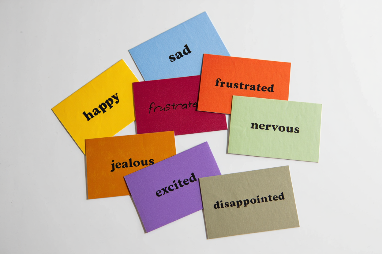 Colorful emotion word cards spread out - happy, sad, frustrated, nervous, jealous