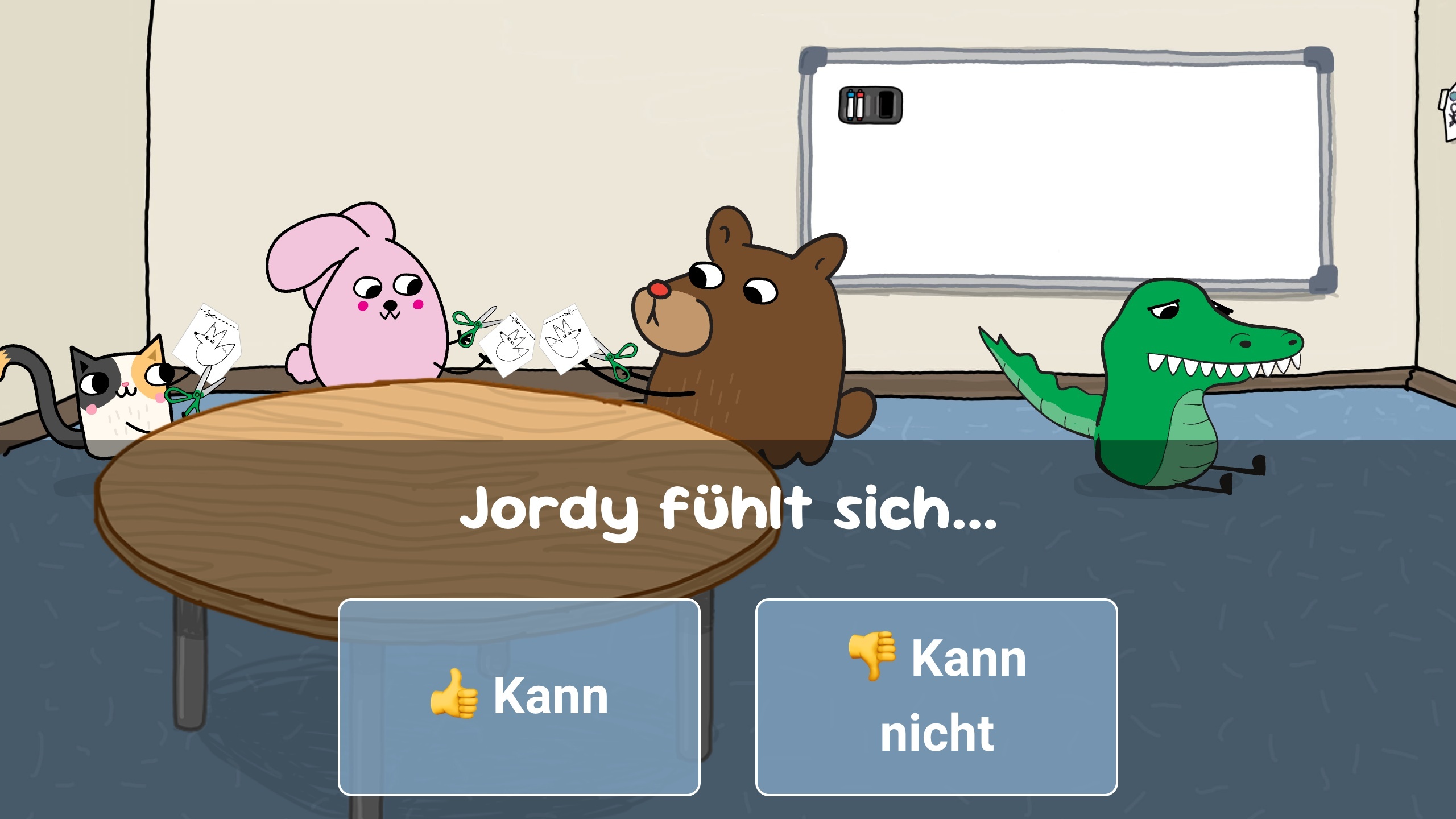 Jordy von Catbears müht sich mit der Schere ab und sagt, dass er es nicht kann