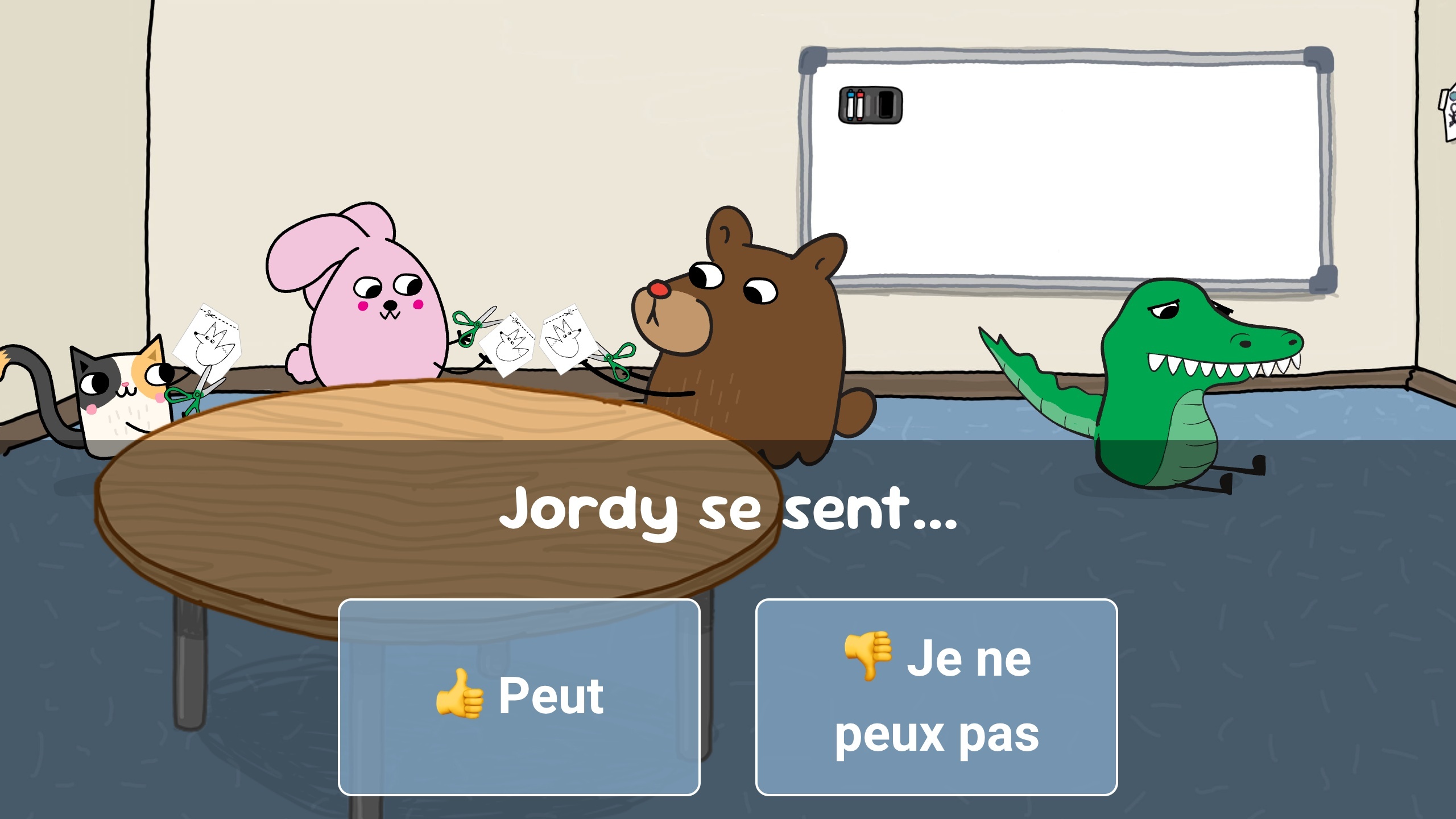Jordy des Catbears qui peine à découper aux ciseaux en disant qu'il n'y arrive pas