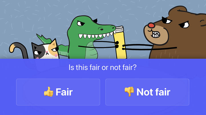 The game pauses and the kids vote: is this fair or not fair?