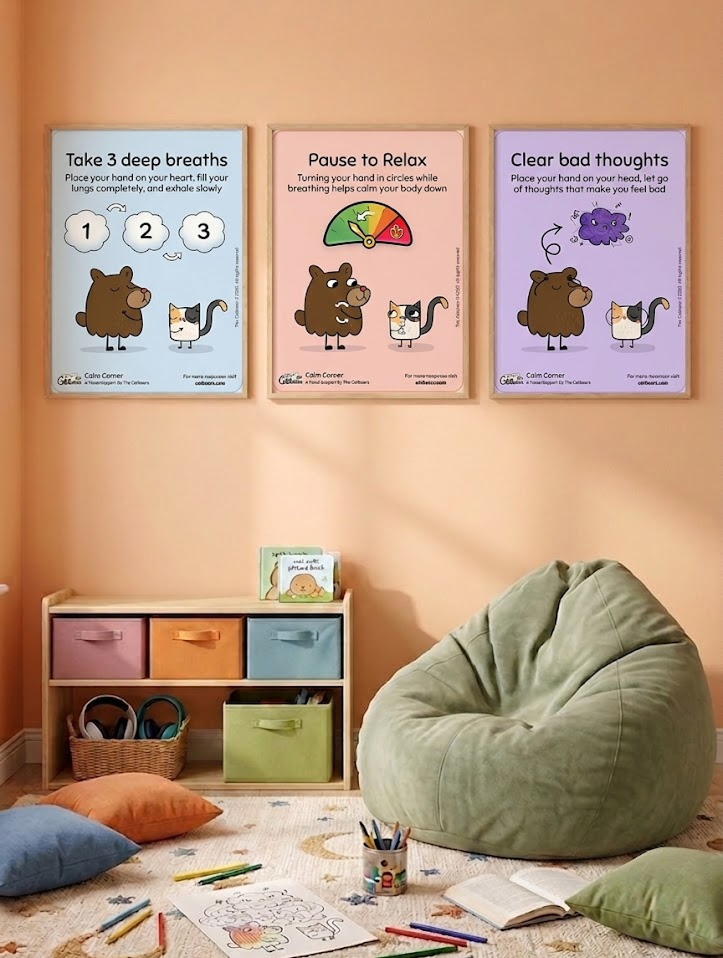 Calm down corner printables displayed on a wall for kids