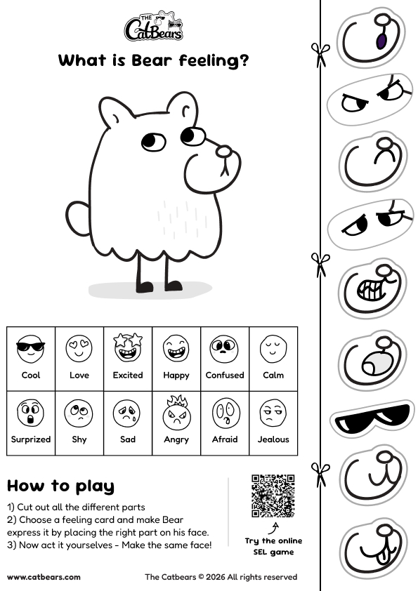 Free printable emotion faces PDF for kids, cut and paste the Bear's expressions