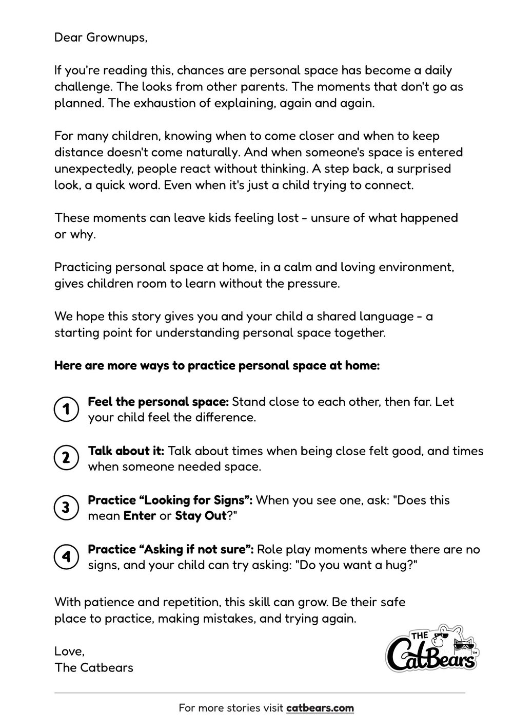 The letter for grownups included with the story, with four ways to practise personal space at home