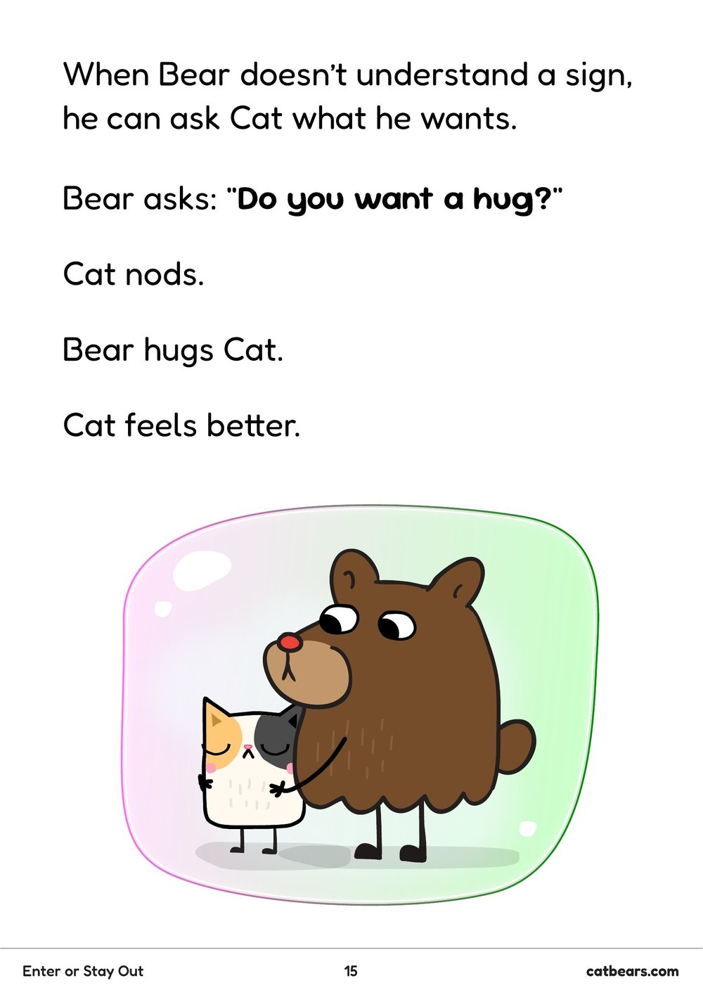 Story page where Bear asks Cat if Cat wants a hug, and Cat nods
