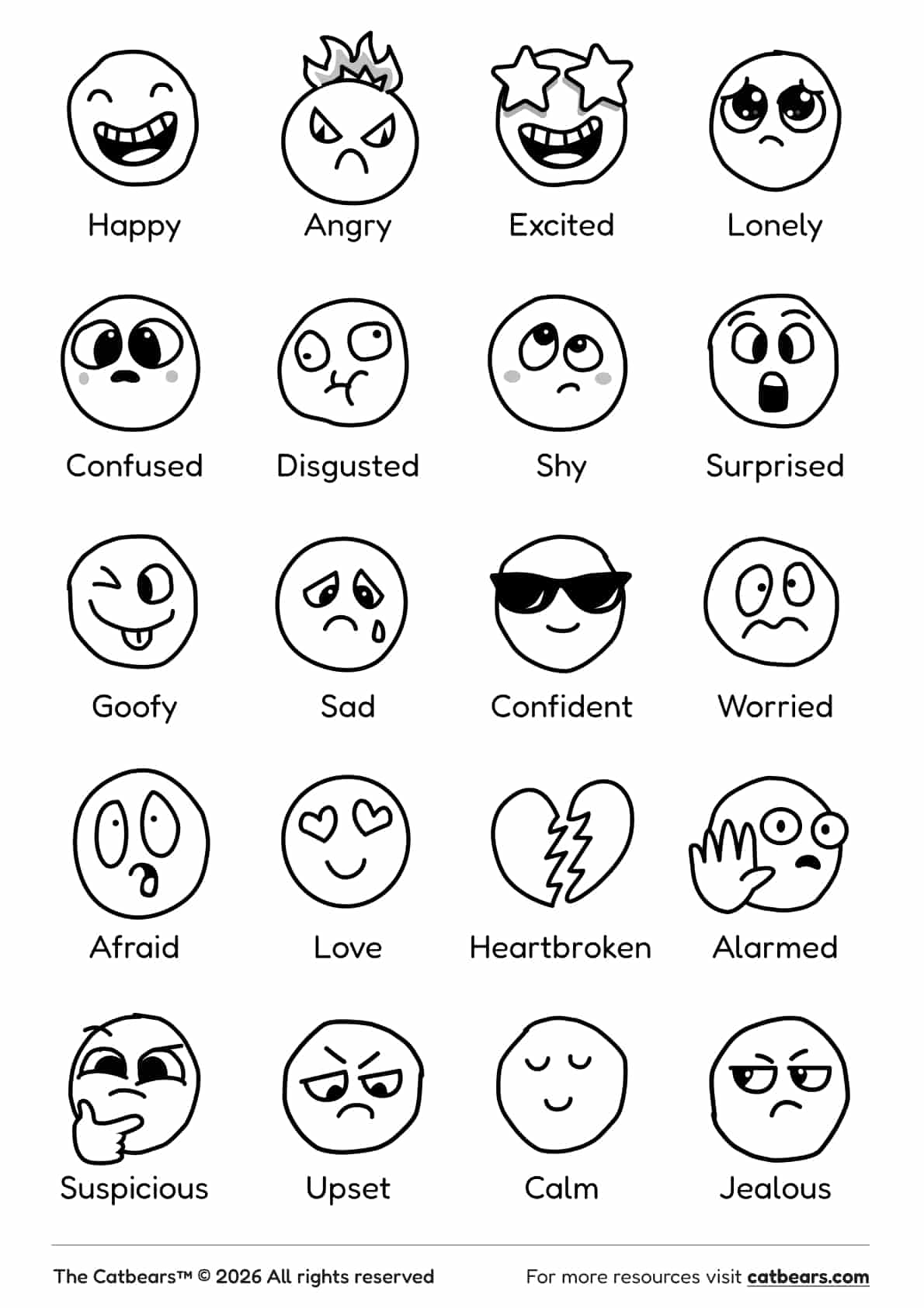 Feelings and emotions coloring page PDF with 20 feeling faces for kids to color