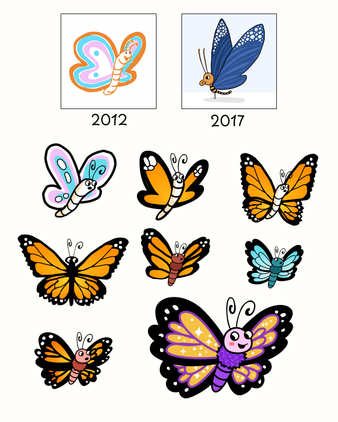 The butterfly character, from 2012 to today