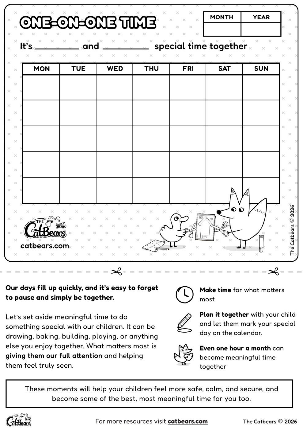 One-on-one time calendar free printable for quality time with kids